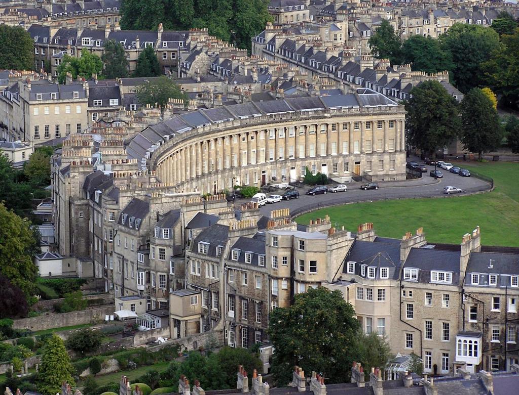Royal Crescent, Bath  viewed from a hot air balloon, on a dull September evening. The back and front of the Crescent can be seen (the front has the columns). Notice how very different the back and front look.